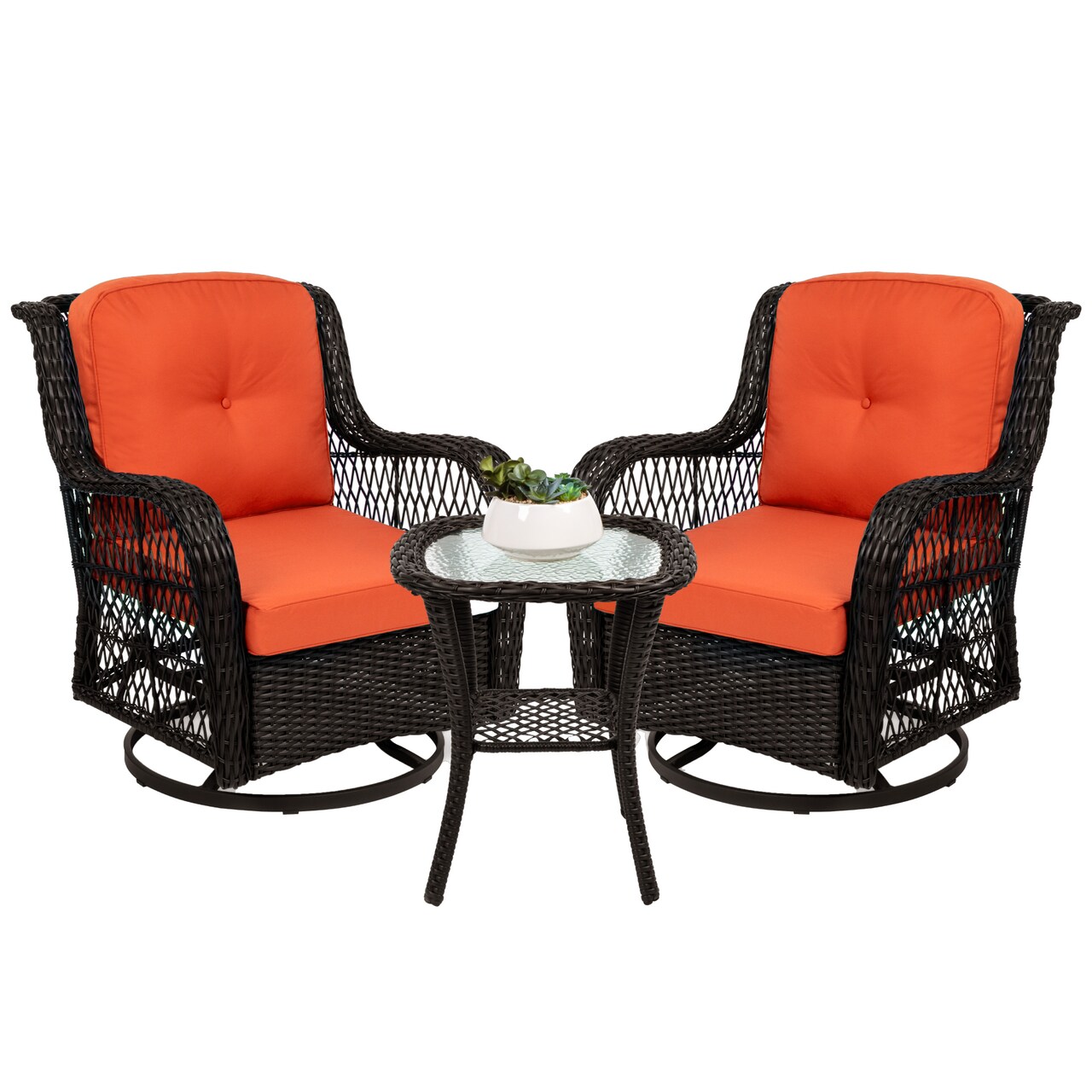 Best Choice Products 3-Piece Patio Wicker Bistro Furniture Set w/ 2 Cushioned Swivel Rocking Chairs, Side Table